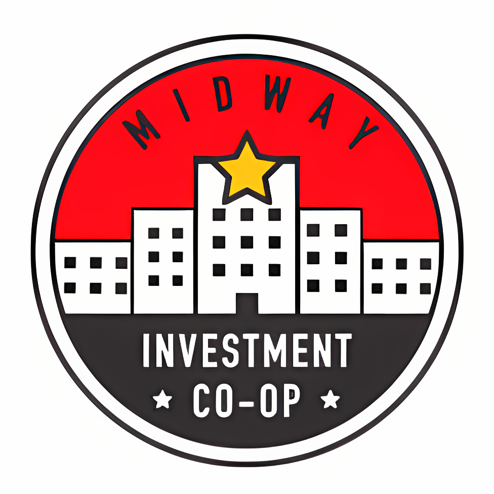 Midway Investment Cooperative logo, featuring skyscrapers on a red background with a gold star.