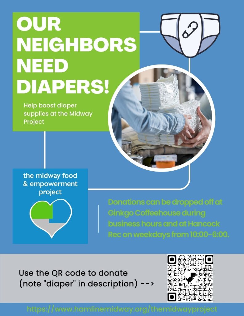 Poster for diapers at the Midway Food and Empowerment Project.