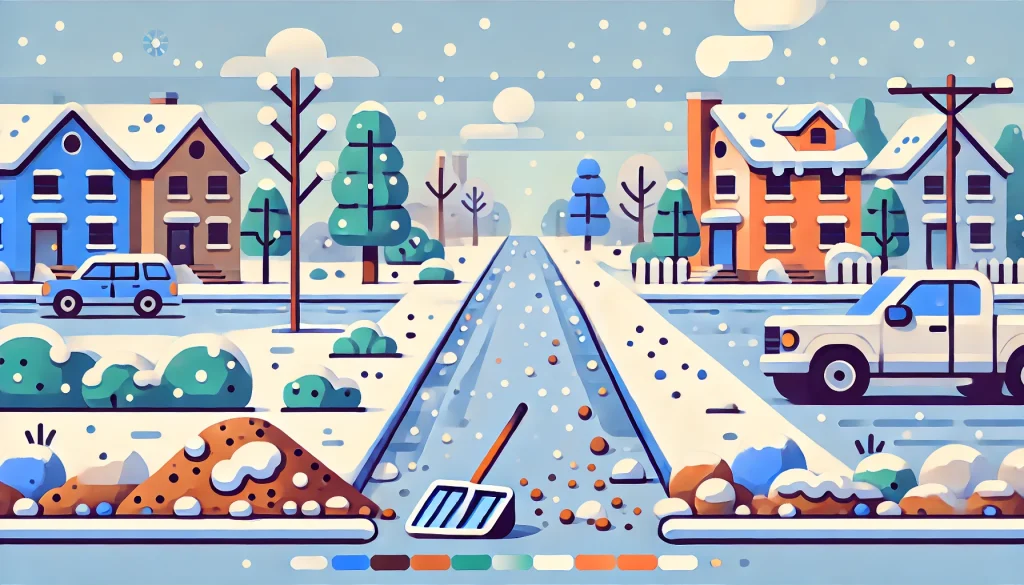 2d cartoon image of a snowy day with gravel and sand instead of salt on a sidewalk with a shovel