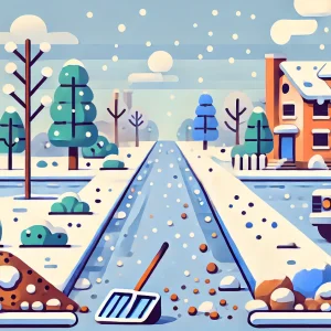 2d cartoon image of a snowy day with gravel and sand instead of salt on a sidewalk with a shovel