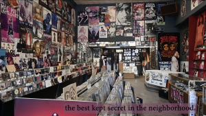 Photograph of the interior of Urban Lights Music, showing many records and posters. Text overlaid on the image: the best kept secret in the neighborhood.